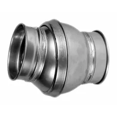 Steel ball joint for 14 in duct diameter with 14 in inlet and outlet diameters and 17 1/2 in overall length. Used to connect ductwork sections in ventilation and material-handling systems, allowing angular misalignment and rotation while maintaining a sealed joint.