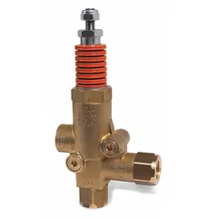 This unloader valve features a threaded brass body with a 1/2-inch threaded bypass connection and an overall height of 6 inches. It is used as a component in high-pressure water regulator repair kits, controlling bypass flow in pressure washers and industrial cleaning systems to regulate pressure when the trigger is released.