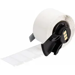 Vinyl wraparound label, black on white, sized 1/2 in x 1 in. Designed for wire gauges 12 AWG to 10 AWG. Compatible with M710 printer series and requires M61-R6210 ribbon. Used for identifying wires in electrical panels and industrial equipment.