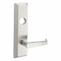 This stainless steel lever trim is designed for use with exit push bars on doors up to 48 inches wide. It features a lever outside trim type and is ADA compliant. The right-hand reverse configuration suits specific door handing requirements. This trim is not ligature-resistant