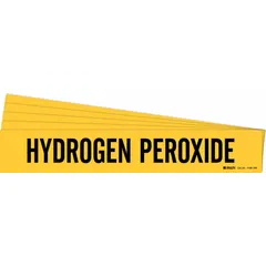 Yellow adhesive pipe marker with black legend reading 'Hydrogen Peroxide'. Designed for pipes with outer diameter of 8 inches and larger. Pack of 5 markers without directional arrows. Used to identify hydrogen peroxide lines in industrial piping systems.