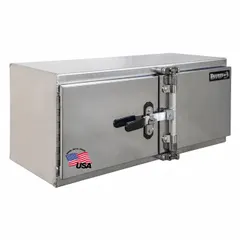 Double barn-door box with silver finish, 18-inch overall depth, and pull-handle latch designed for padlocking. Suitable for secure underbody storage on trucks, providing weather-resistant space for tools and equipment.