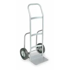 This hand truck features a flow-back design for improved balance and maneuverability on stairs and uneven surfaces. Its silver aluminum frame resists corrosion, and semipneumatic tires provide cushioning. Suitable for moving boxes, equipment, and materials in warehouses, factories, and commercial facilities.