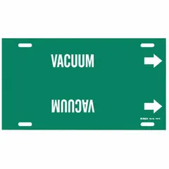Green background with white legend text reading 'Vacuum'. Fits pipe outer diameters from 8 to 9-7/8 inches. Includes directional arrows. Supplied as a single strap-on marker for identifying vacuum lines in industrial piping systems.