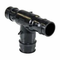 This polymer barbed tee fitting connects three PEX pipes using an expansion connection method. It has a 1 in ID x 1 in ID x 1 1/4 in ID size with four barbed ends. Commonly used in plumbing systems for branching lines in hydronic heating and potable water applications