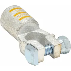 Straight-alignment crimp battery terminal for 4/0 gauge cable. Copper contact material with yellow color coding for negative polarity. Overall width of 1 inch. Suitable for heavy-duty battery cable connections in vehicles and equipment.