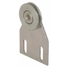 This roller assembly is designed for use in sliding screen doors, providing guidance and support for smooth operation. It measures 5-23/64 inches in overall height and 1-1/2 inches in overall length. The assembly is gray with an unfinished finish and is supplied as one pair.