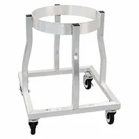 This bowl dolly is designed for transporting large mixing bowls in commercial kitchens, bakeries, and food processing areas. It features a 26 3/4 in square platform with four swivel casters, each equipped with a brake for secure positioning. NSF certified for sanitary use