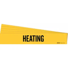 Yellow adhesive pipe marker with black legend text for identifying heating pipes. Fits pipe outer diameters from 2-1/2 to 7-7/8 inches. Pack of 5 markers without directional arrows. Used in industrial facilities to label pipes carrying hot water, steam, or thermal fluids.