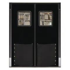 This insulated swinging door pair is constructed of black polyethylene with a polycarbonate window. Each pair measures 8 ft wide by 9 ft high and includes door seals, bumpers, and mounting hardware. Meets USDA standards for use in temperature-controlled environments requiring impact resistance and visibility.