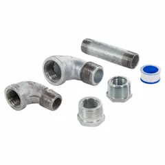 This fuel filter installation hardware kit includes a 3/4 in street elbow and a cast-iron adapter with a 3/4" Male UNF connection. Used for mounting fuel filters in fluid-handling systems, it provides a secure connection for fuel transfer applications.