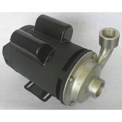 This centrifugal pump features a 304 stainless steel housing and impeller for chemical resistance. It is powered by a 2 hp single-phase motor with open dripproof enclosure, operating at 115/230V AC. The pump has NPT connections and is suitable for transferring corrosive or non-corrosive fluids in industrial processing, water treatment, and chemical handling applications.