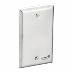 Wall-mount temperature sensor with metal flush-mount housing, no display. Hardwired connection, ±0.34°F accuracy, range -50°F to 220°F. Suitable for building automation systems requiring single-point room temperature measurement.