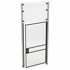 Steel swing door with right-hand swing, powder-coated black finish. Measures 10 ft high by 4 ft wide by 1 3/4 in deep. Designed for quick assembly in woven-wire partition systems to provide secure access points in industrial storage areas, warehouses, and distribution centers.
