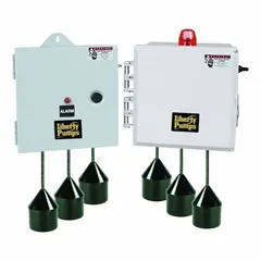 Multi-purpose pump control panel for simplex pump applications. Operates at 208/240/480V AC with a current range of 2.5 to 4 A. Non-reversing design with demand dose dosing schedule and audio alert output. Includes tether float switch in a plastic enclosure.