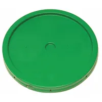This green plastic tear tab lid has an overall diameter of 12 1/4 inches. It features a gasketed snap-on design for secure sealing and easy access via the tear tab. Commonly used as a closure for pails in material handling and storage applications