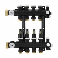 This polymer manifold assembly features one inlet and one outlet, sized 1 1/4 in by 3/4 in. It is used for branch distribution in hydronic heating systems, connecting a single supply line to one branch circuit to help balance flow in radiant floor or radiator loops