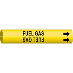 Yellow snap-on pipe marker with black 'Fuel Gas' legend and directional arrows. Fits pipe outer diameters from 2-1/2 to 3-7/8 inches. Used to identify fuel gas lines and indicate flow direction in piping systems.