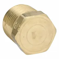 Threaded pipe plug with 3/8 in NPT connection, made from C37700 brass. Rated for maximum operating pressure of 1,000 psi. Overall length of 25/32 in. Used to seal open ports in industrial piping systems, including hydraulic and pneumatic circuits