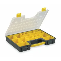 This plastic compartmented box features 19 adjustable compartments for organizing small parts such as fasteners and components. The black/yellow unit is suitable for workshop, warehouse, and maintenance storage. It is not electrostatic discharge conductive.