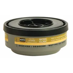Threaded, olive-colored cartridge providing respiratory protection against chlorine (CL) and mercury vapor (MV). Compatible with NORTH 5400, 5500, 7600, 7700, RU6500, and RU8500 series reusable respirators. Supplied as a pair (1 PR). Used in industrial environments where chlorine or mercury vapor hazards are present.