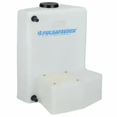 This 15-gallon vertical polyethylene feed tank is designed for use with chemical metering pumps. It includes bulkhead fittings and is compatible with Pulsatron Series C pumps, model LB02SA-PTC1-G19. The tank serves as a dedicated reservoir for chemical feed applications in industrial settings.