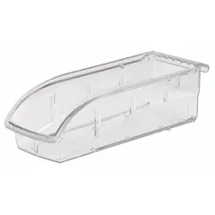 Clear plastic bin with integrated label holder for organizing small parts, components, and hardware in industrial workstations, warehouses, and assembly lines. Dimensions: 4 1/8 in x 10 7/8 in x 3 1/4 in. Not electrostatic discharge conductive. Contains 0% recycled content.