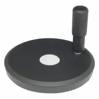 Solid aluminum hand wheel with a revolving handle, 125 mm diameter and 12 mm bore. Used for manual valve actuation, machine tool controls, and industrial positioning adjustments