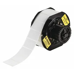 White matte-finish precut label roll for thermal transfer printing. Each label measures 1 in height by 1 1/2 in width, with a 1 in roll length. Compatible with the Brady i3300 printer series. Used for durable identification in cryogenic and low-temperature environments such as industrial refrigeration, LNG facilities, and laboratory cold storage.