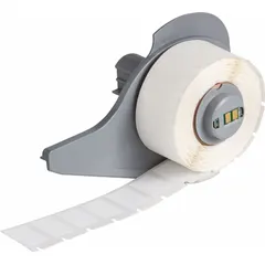 Precut nylon wraparound label with black-on-white printing, sized 3/4 in x 1/2 in. Designed for permanent identification of wires from 16 AWG to 10 AWG. Compatible with BMP71 printer series and requires M7-R6000 ribbon. Used in industrial control panels, electrical cabinets, and machinery for wire marking.