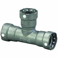 This carbon steel press tee fitting with FKM seals creates a branch connection in piping systems. It joins three pipes of sizes 2 in, 2 in, and 1 1/2 in using a press-fit method for leak-free joints. Suitable for HVAC, plumbing, and industrial process lines.