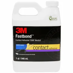 3M 30NF is a clear, water-resistant contact cement for bonding leather and secondary metals to non-porous or porous surfaces. It is applied by brush, heat resistant, low odor, and meets California Air Resources Board standards with VOC content less than 80 g/L. Suitable for general purpose indoor applications requiring VOC compliance.