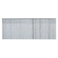 Collated brad nails with chisel point, 1 3/8 inch length, plain finish, T-head, smooth steel. Used for trim, pin, finishing, and brad nailing applications such as attaching lightweight trim, molding, and paneling in woodworking and construction. Pack of 3,000