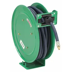 This spring-return hose reel is designed for managing air or water hoses in workshops and industrial facilities. It has a 50 ft capacity for 3/8 in I.D. hose, a 1/4 in MNPT hose end, and a maximum operating pressure of 300 psi. The reel is green with a brass swivel, and overall dimensions are 13-25/32 in L x 6-13/16 in W x 15-9/32 in H.