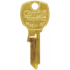 Brass key blank with 5-pin configuration, unfinished finish. Designed for cutting duplicate keys for National locks used in office furniture, cabinets, and file drawers.