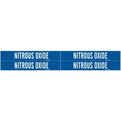 Blue adhesive pipe marker with white legend text reading 'Nitrous Oxide'. Designed for pipes with outer diameter from 3/4 to 2-3/8 inches. Pack includes 4 markers without arrows. Used to identify nitrous oxide lines in industrial piping systems.