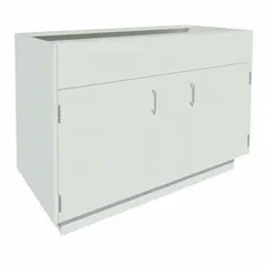 This steel sink base cabinet is designed to support sinks in commercial kitchens, laboratories, or washrooms. It measures 58 inches wide, 22 inches deep, and 35 1/8 inches high, with no drawers. The all-steel construction provides a sturdy foundation for large sink installations.