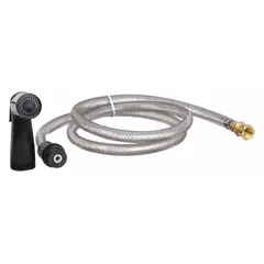 This kitchen sprayer features a plastic body in black with a 48-inch hose for extended reach. It connects via a 3/8" IPS inlet and is suitable for rinsing dishes, produce, and cookware in residential or commercial kitchens.