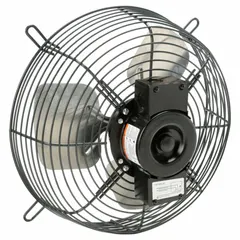 Guard-mount exhaust fan with a 12-inch blade, 1/15 hp motor, and 830 cfm airflow. Features a Totally Enclosed Air Over motor enclosure and operates on 115V AC. Suitable for general ventilation and exhaust in industrial and commercial spaces such as workshops and warehouses.