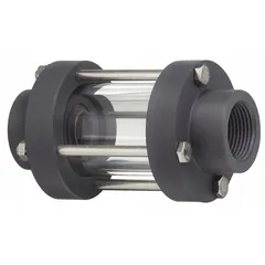 Full-view flow indicator with polypropylene double walls and 3-inch FNPT pipe thread connections. Acrylic window and Viton seal. Rated for 115 psi maximum operating pressure. Horizontal mounting; flow observation in any direction.