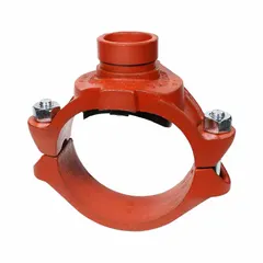 This bolted clamp tee outlet pipe clamp is used to create a branch connection in grooved piping systems. It is made of ductile iron with an NBR seal and rated for a maximum operating pressure of 500 psi. The fitting pipe size is 6 in x 6 in x 1-1/2 in, allowing a 1-1/2 in outlet from a 6 in main line.