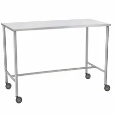 This fixed-height lab table features a stainless steel countertop and swivel casters for mobility. Suitable for supporting instruments and equipment in laboratory environments where a corrosion-resistant, easy-to-clean work surface is required.