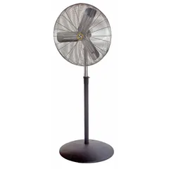 This AIRMASTER FAN pedestal fan is a non-oscillating circulating fan with a 24-inch blade diameter. It features a single-phase 115V AC motor rated at 1/4 hp and offers three speeds for adjustable airflow. Designed for commercial-grade air circulation in industrial settings such as warehouses, workshops, and factories.