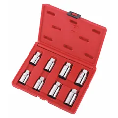 This 8-piece fleet service kit is designed for removing studs commonly found on head bolts and exhaust manifolds. The set includes a 7/16 in - 1/2 in Dr. remover socket and is driven by a ratchet wrench. Tools are constructed from alloy steel.