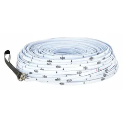 Fiberglass measuring rope with a 100 m metric blade length and 2 mm diameter. Features a single-sided scale and loop end tip for attachment. Used for distance measurement in surveying, construction, and land layout.