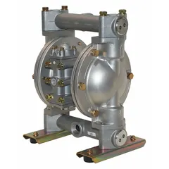 This aluminum housing air-operated double-diaphragm pump features 1-inch NPT connections, a maximum flow of 41 gpm, and a maximum head of 231 ft. It is equipped with 316 stainless steel seats and PTFE check valves, suitable for transferring a variety of fluids in industrial process and transfer applications.