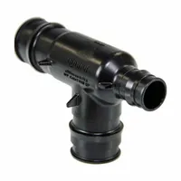 This UPONOR expansion polymer barbed tube fitting features a barbed x barbed x barbed x barbed connection type with sizes 1 1/4 in ID x 3/4 in ID x 1 1/4 in ID. It uses an expansion PEX connection method. Typical applications include branching PEX tubing in hydronic heating, plumbing, and industrial fluid systems
