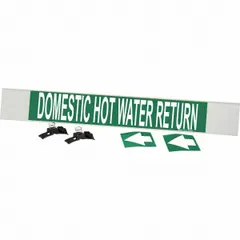 Green fiberglass carrier-mounted pipe marker with white legend reading 'Domestic Hot Water Return' and directional arrows. Designed for pipes with an outside diameter of 8 inches and larger. Suitable for identifying return lines in hot water distribution systems.