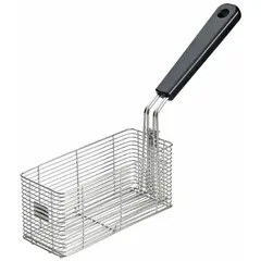 Rectangular fryer basket made of stainless steel with a coated handle. Overall dimensions: 16-1/2 in wide, 12-1/4 in deep, 11 in high. Used for deep frying foods in commercial kitchens.