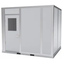 This 4-wall assembled in-plant office features a gray vinyl-covered drywall finish with an aluminum frame. It provides an enclosed workspace with a Sound Transmission Coefficient of STC 25, suitable for reducing noise in industrial environments. The unit is designed for use in factories, warehouses, or plants as a quiet area for supervision or administrative tasks.